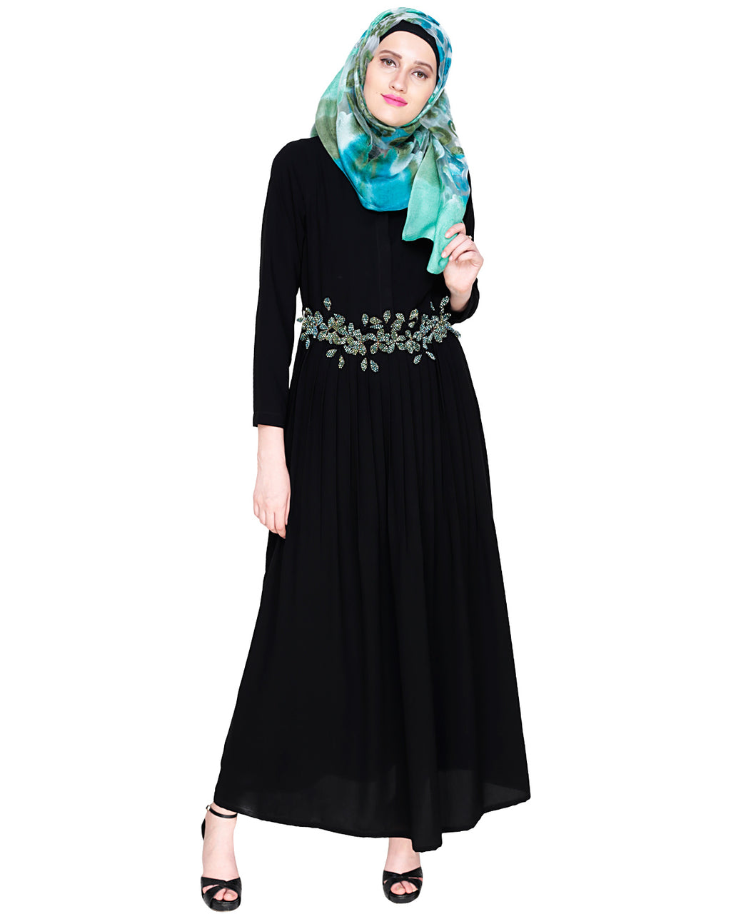 Majestic Floral Dubai Style Belt Abaya Green