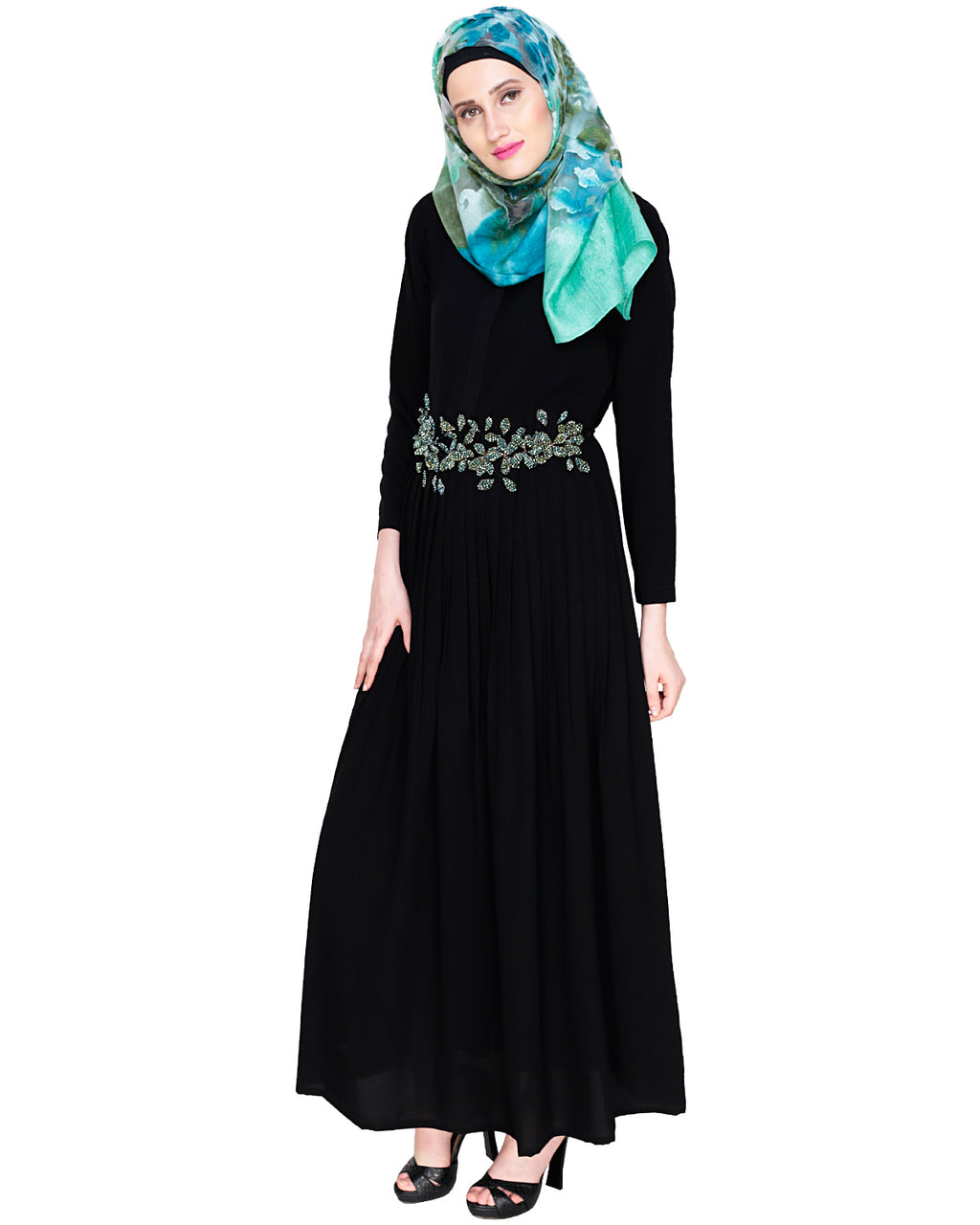 Majestic Floral Dubai Style Belt Abaya Green