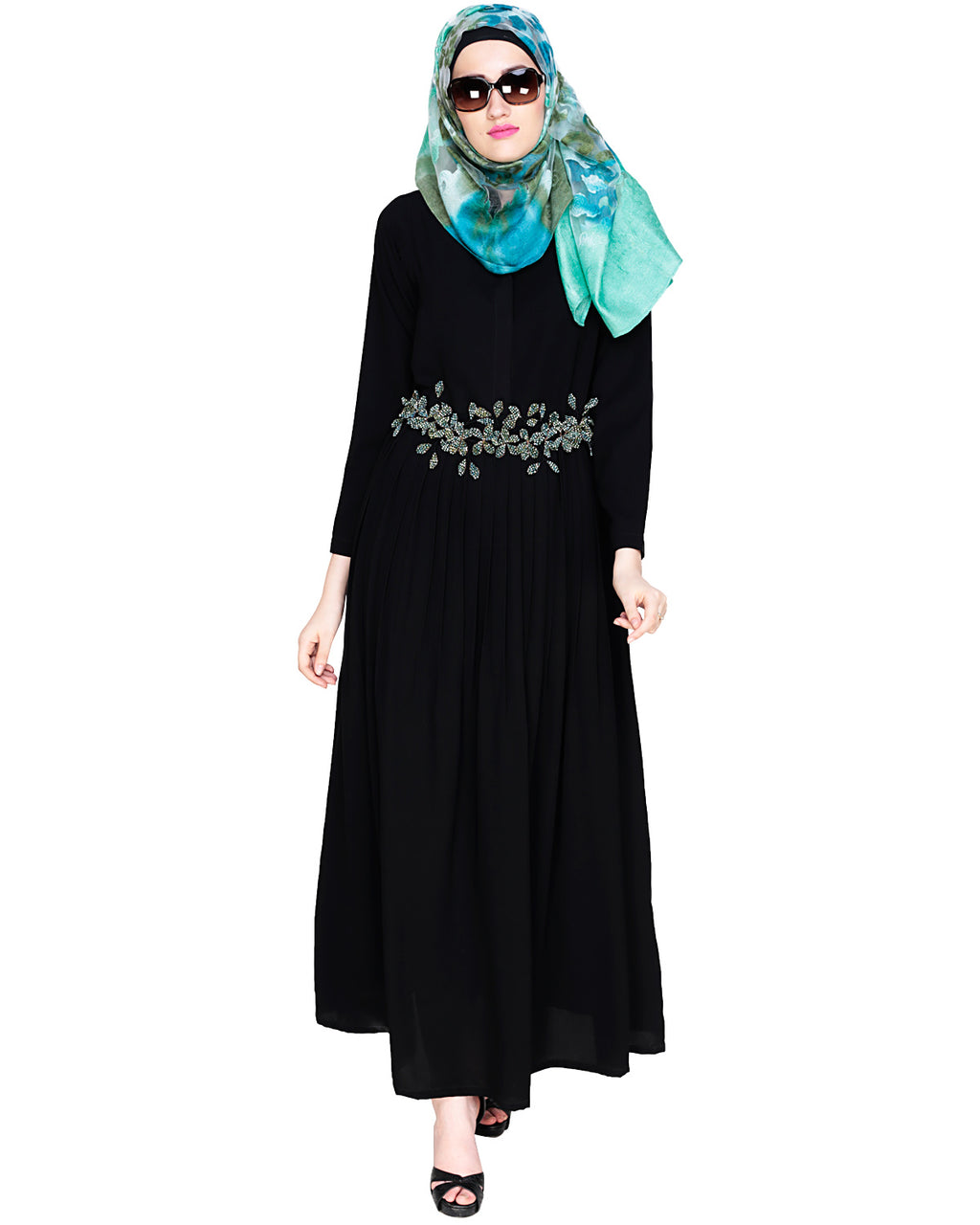 Majestic Floral Dubai Style Belt Abaya Green