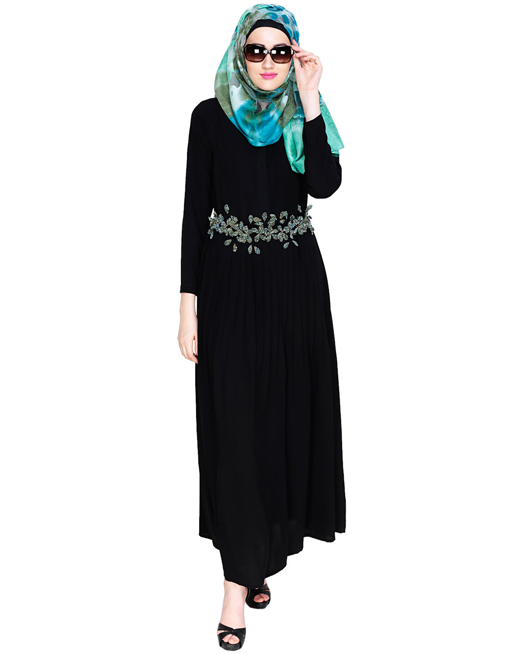 Majestic Floral Dubai Style Belt Abaya Green