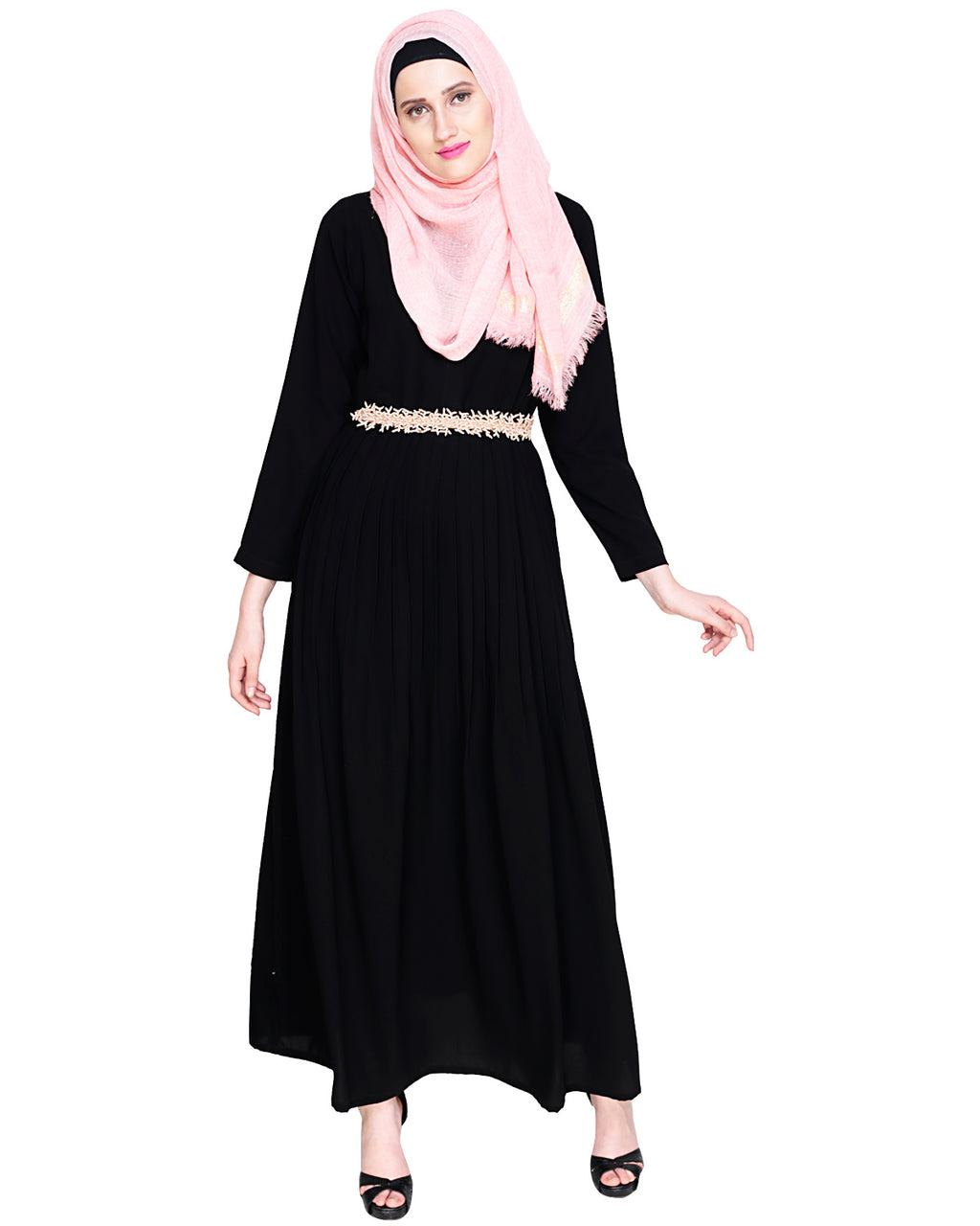 Majestic Floral Dubai Style Belt Abaya Peach