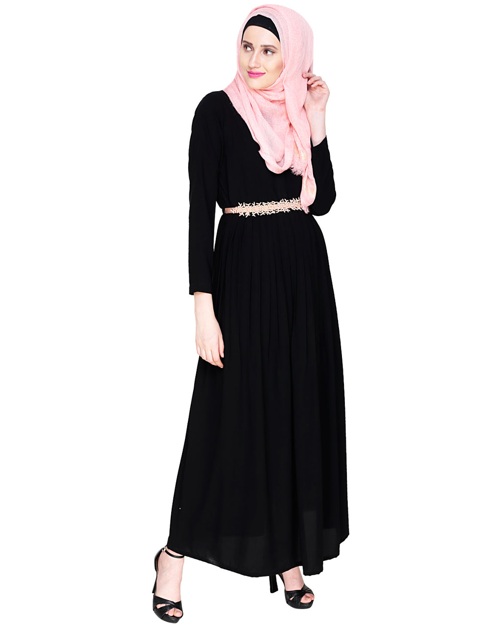 Majestic Floral Dubai Style Belt Abaya Peach