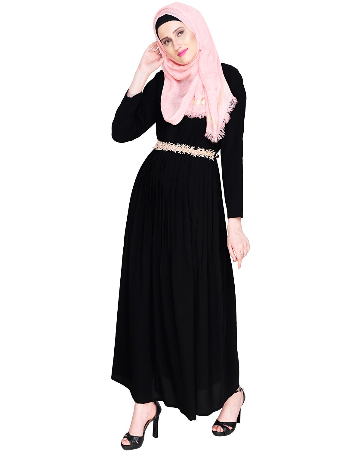 Majestic Floral Dubai Style Belt Abaya Peach
