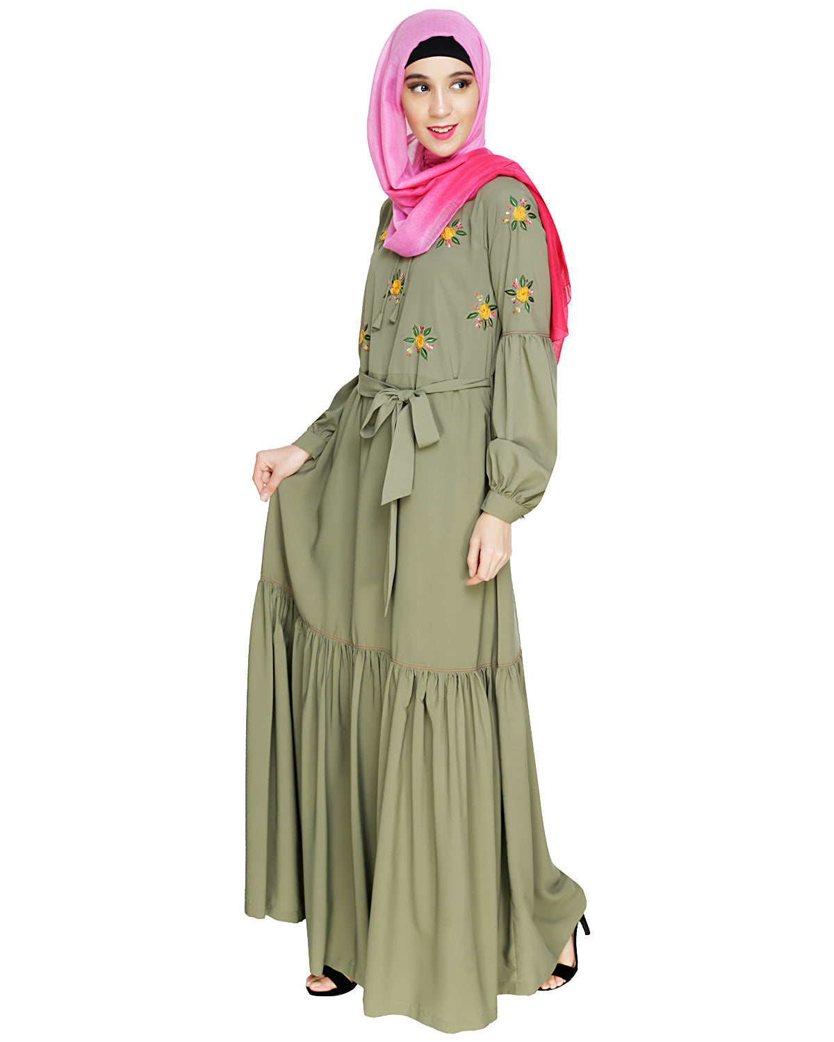 Dreamy Floral Embroiderd Abaya Dead Mint