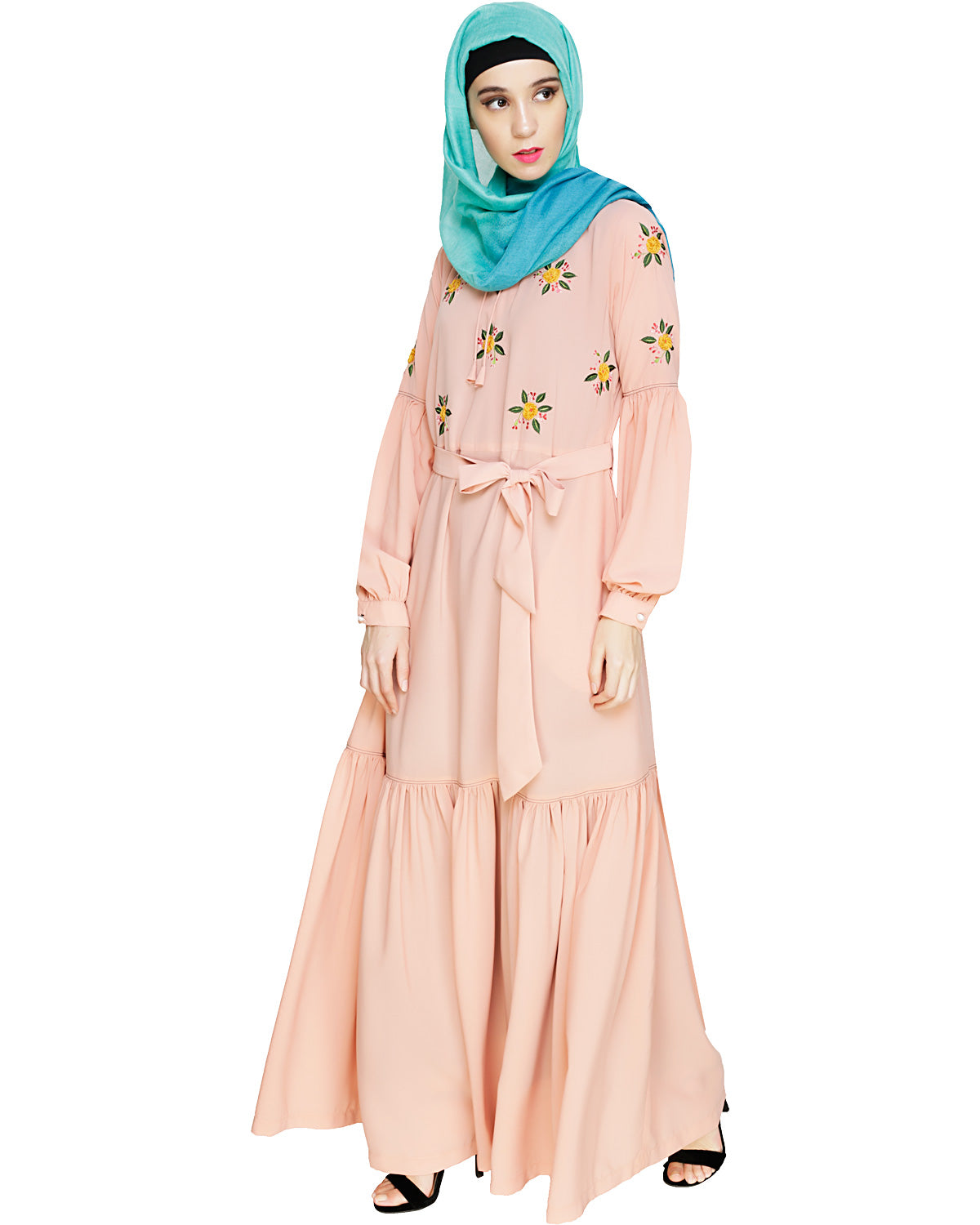 Dreamy Floral Embroiderd Abaya Peach