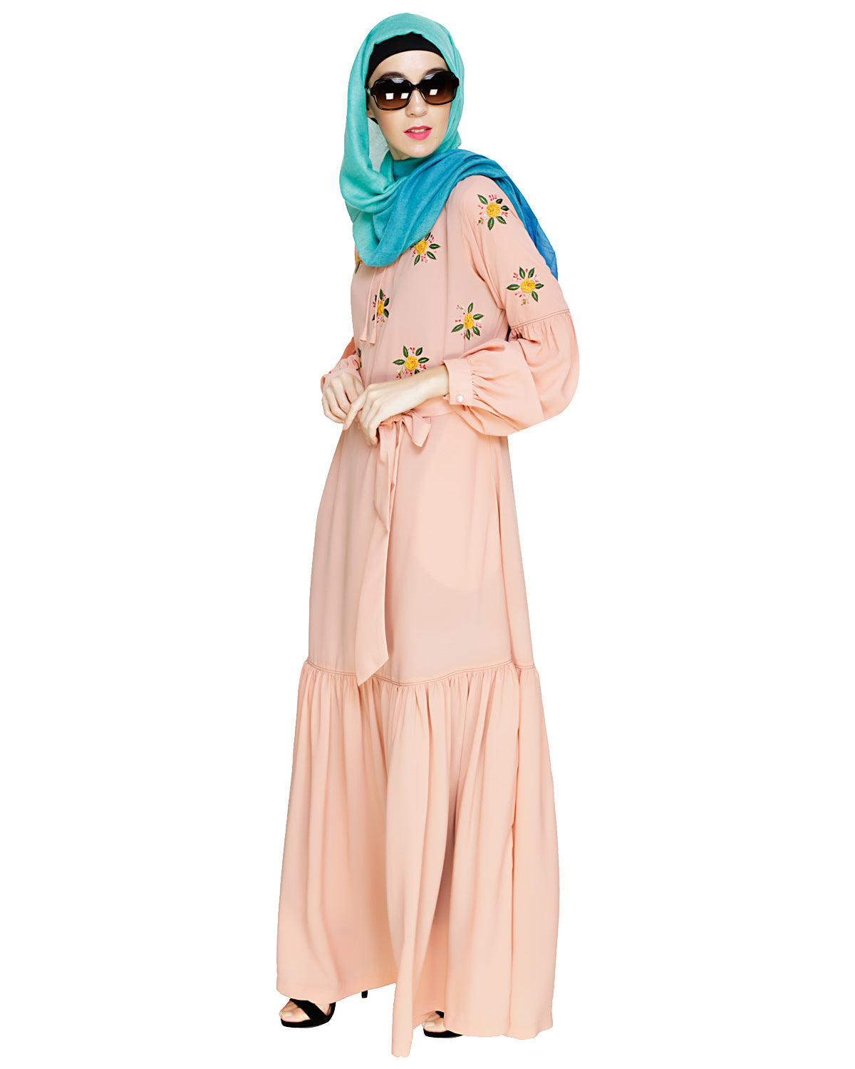 Dreamy Floral Embroiderd Abaya Peach