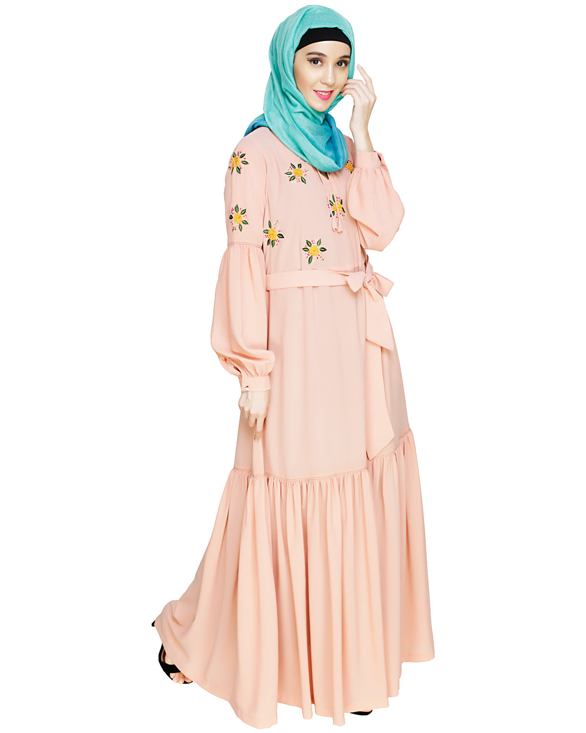 Dreamy Floral Embroiderd Abaya Peach