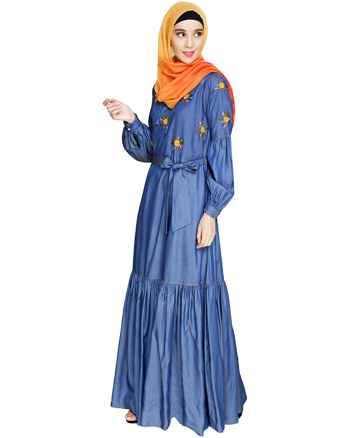 Dreamy Floral Embroiderd Denim Abaya