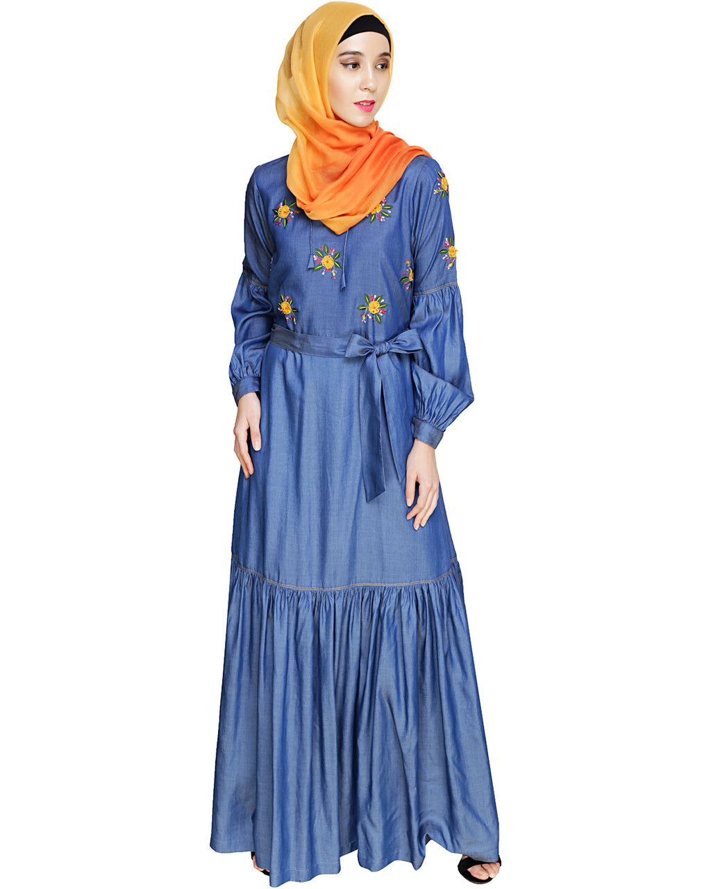 Dreamy Floral Embroiderd Denim Abaya Blue