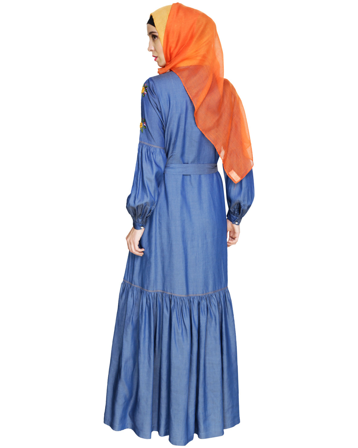 Dreamy Floral Embroiderd Denim Abaya Blue