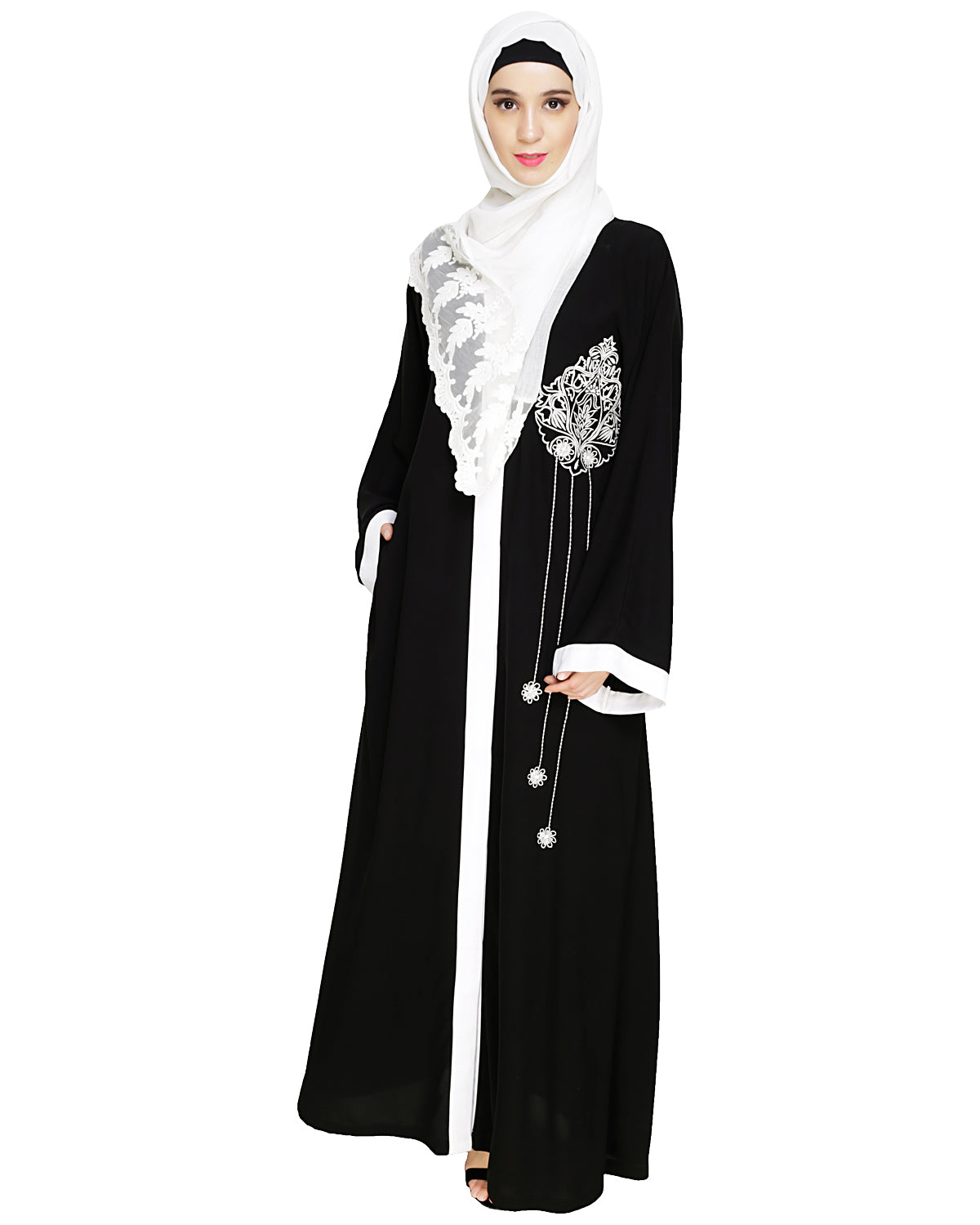 Contrast Embroidered Dubai Style Abaya Black