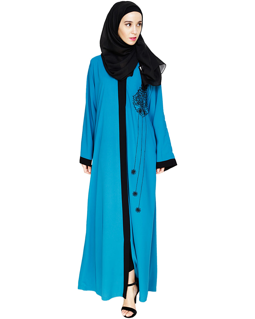 Contrast Embroidered Dubai Style Abaya Blue