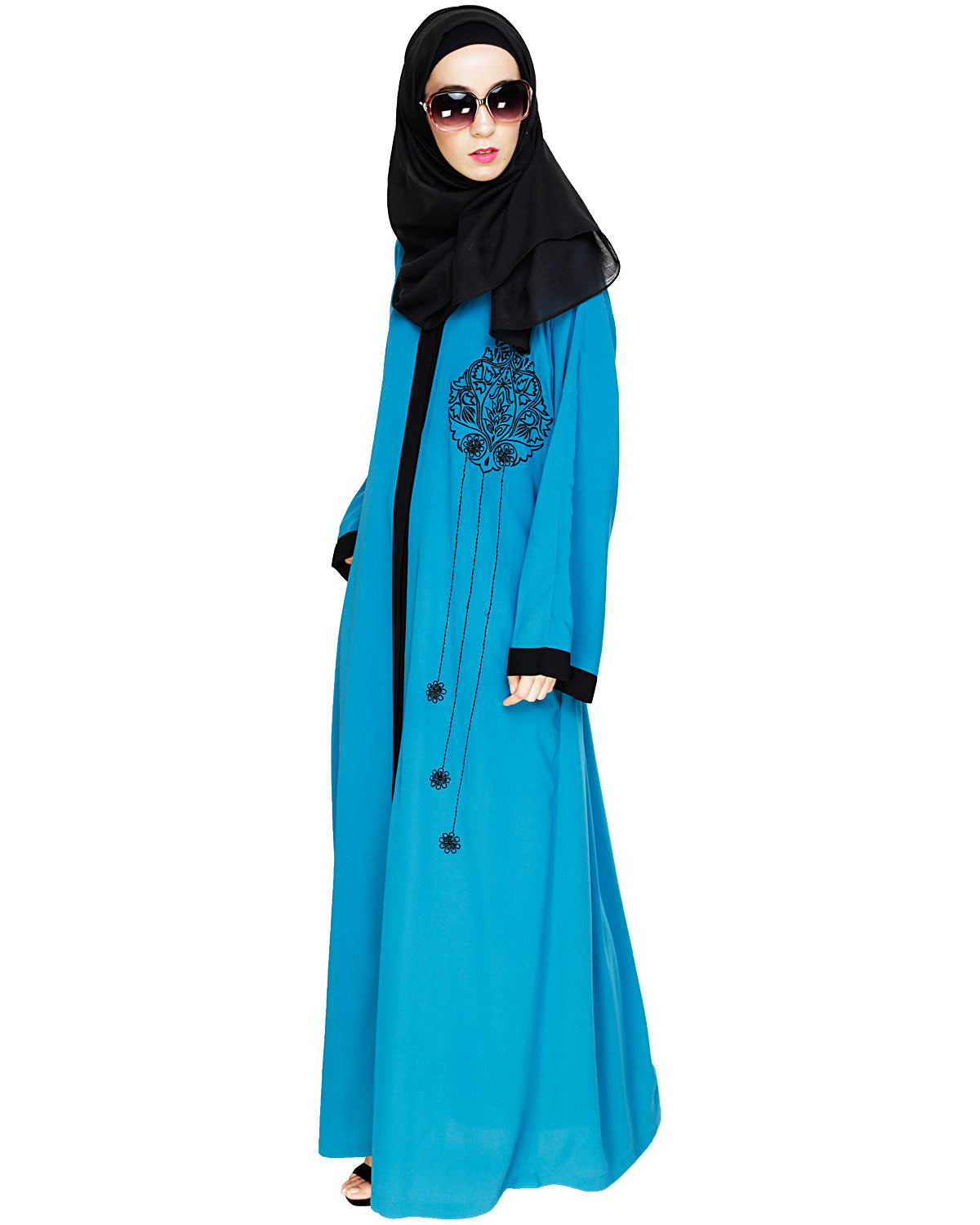 Contrast Embroidered Dubai Style Abaya Blue
