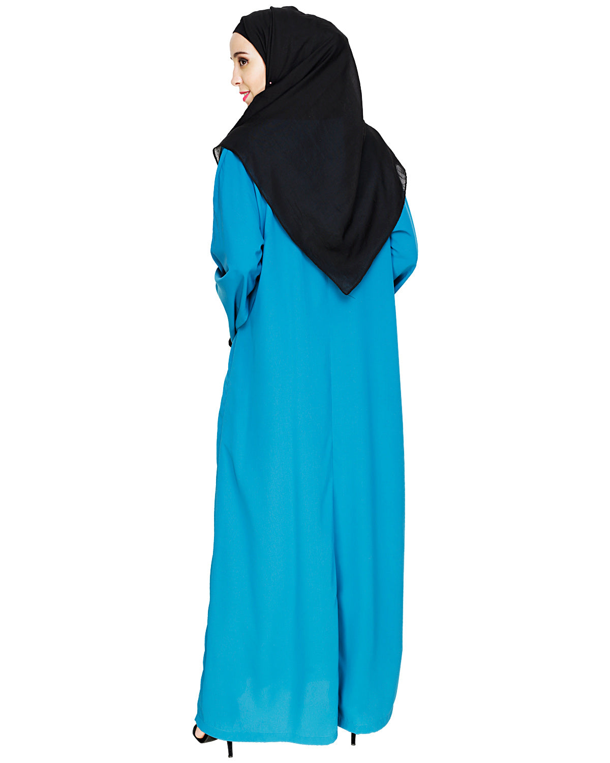Contrast Embroidered Dubai Style Abaya Blue
