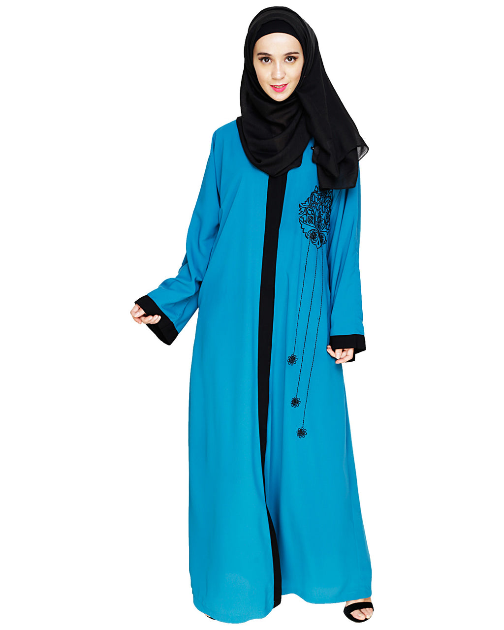 Contrast Embroidered Dubai Style Abaya Blue