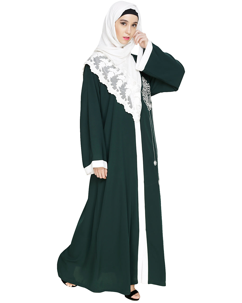 Contrast Embroidered Dubai Style Abaya Green