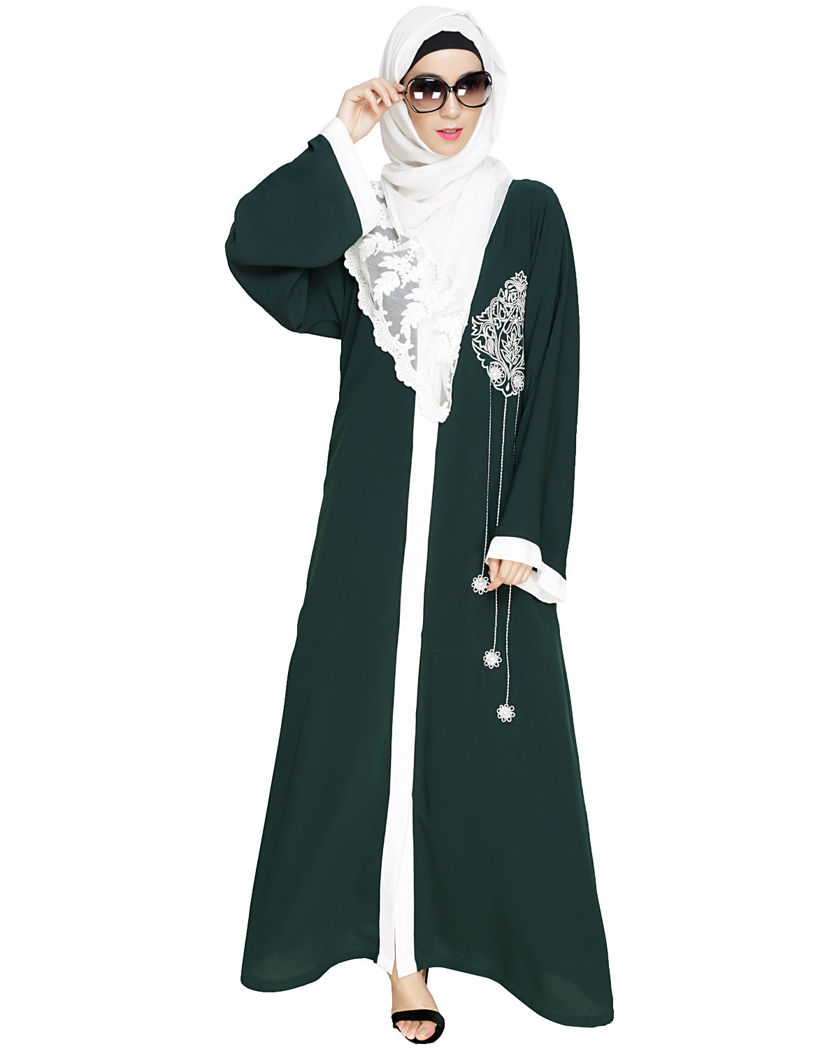 Contrast Embroidered Dubai Style Abaya Green