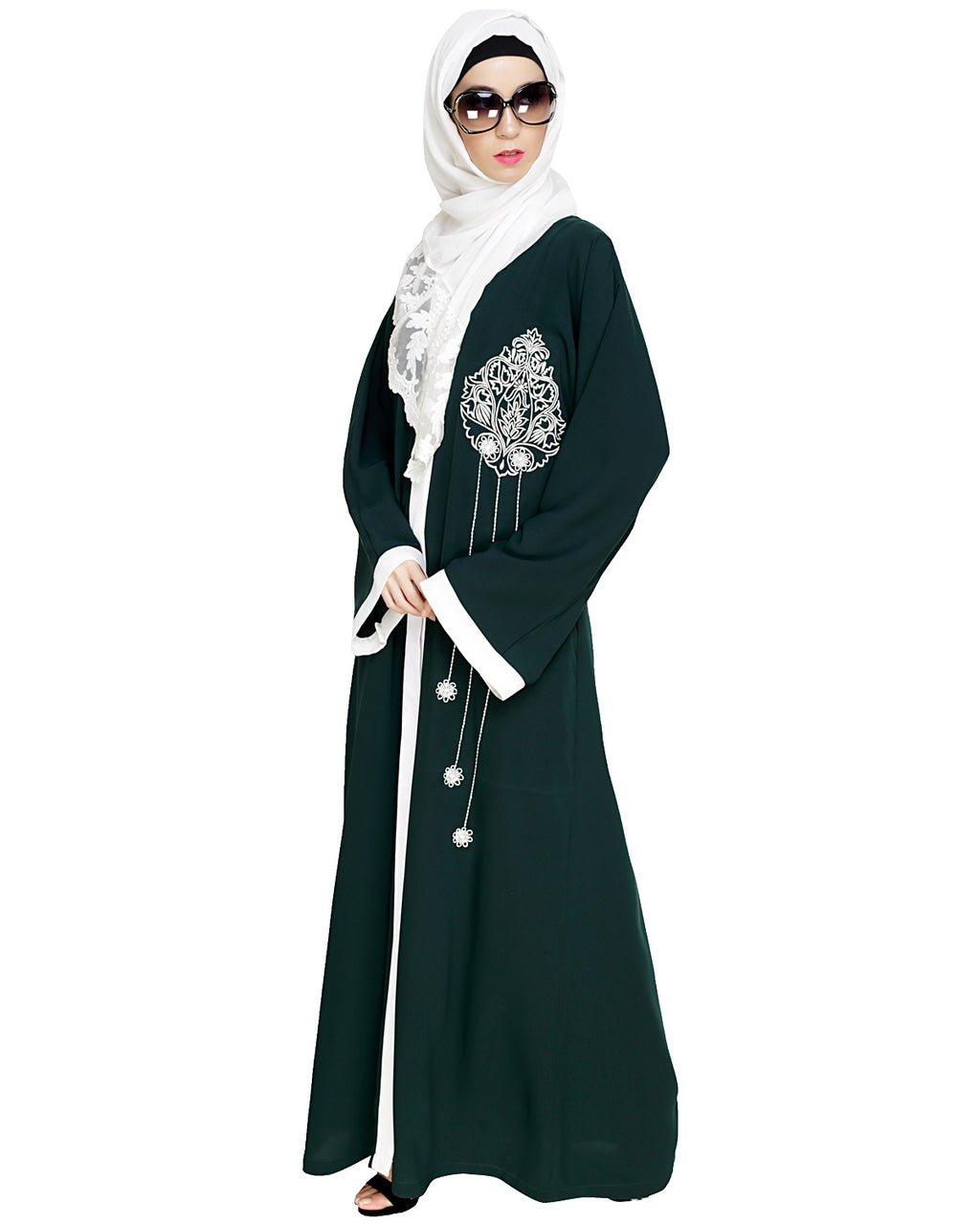 Contrast Embroidered Dubai Style Abaya Green