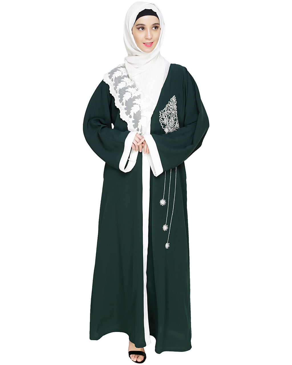 Contrast Embroidered Dubai Style Abaya Green