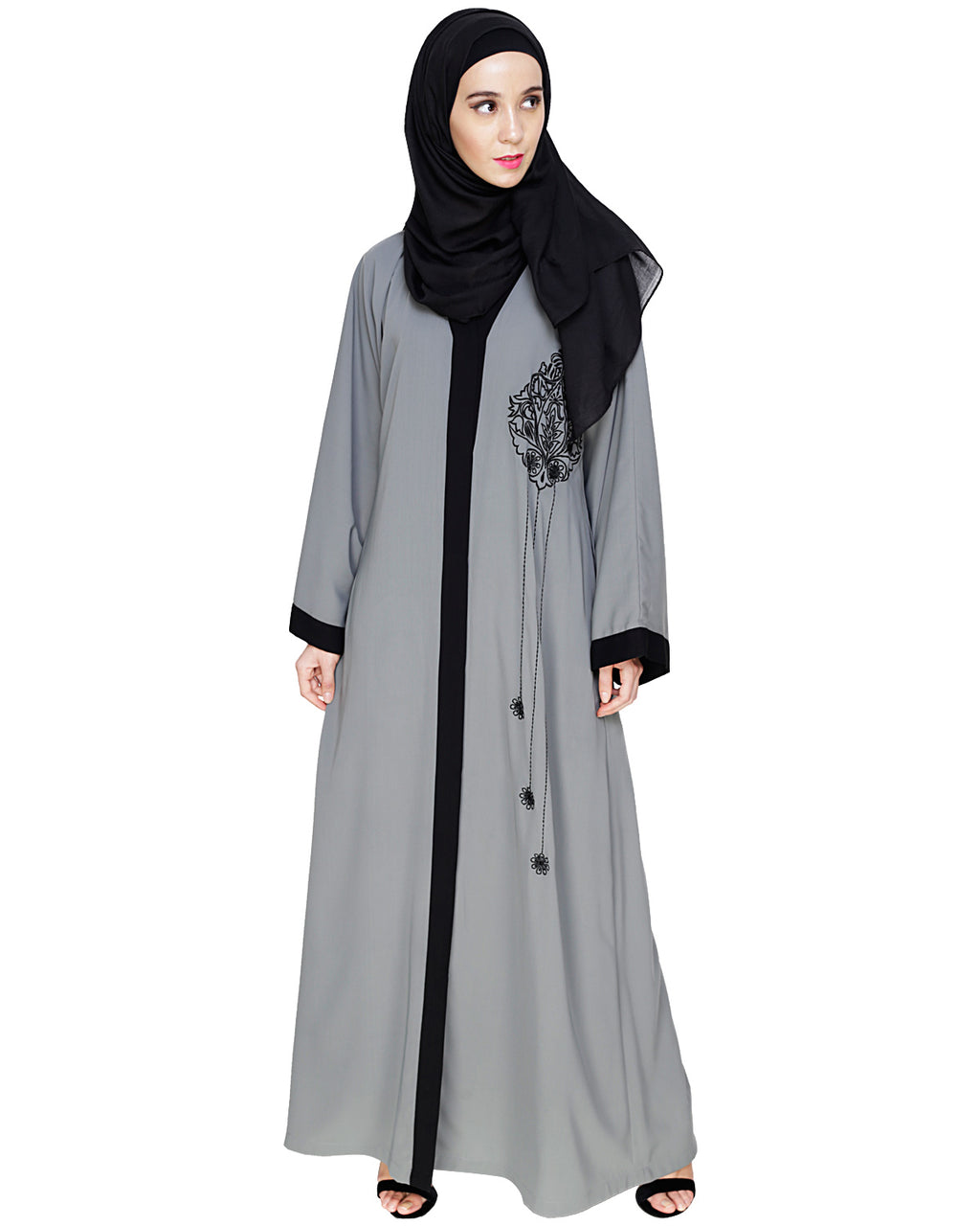 Contrast Embroidered Dubai Style Abaya Grey