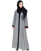 Contrast Embroidered Dubai Style Abaya Grey