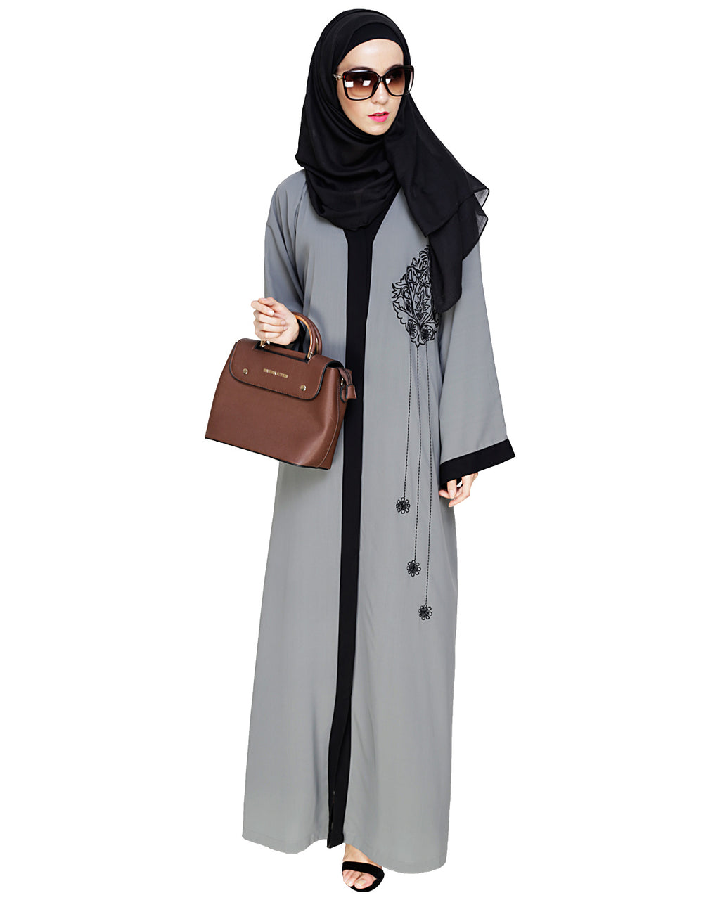 Contrast Embroidered Dubai Style Abaya Grey