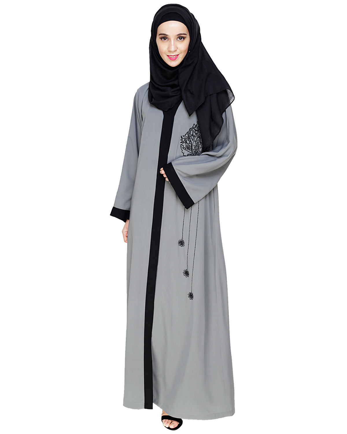 Contrast Embroidered Dubai Style Abaya Grey