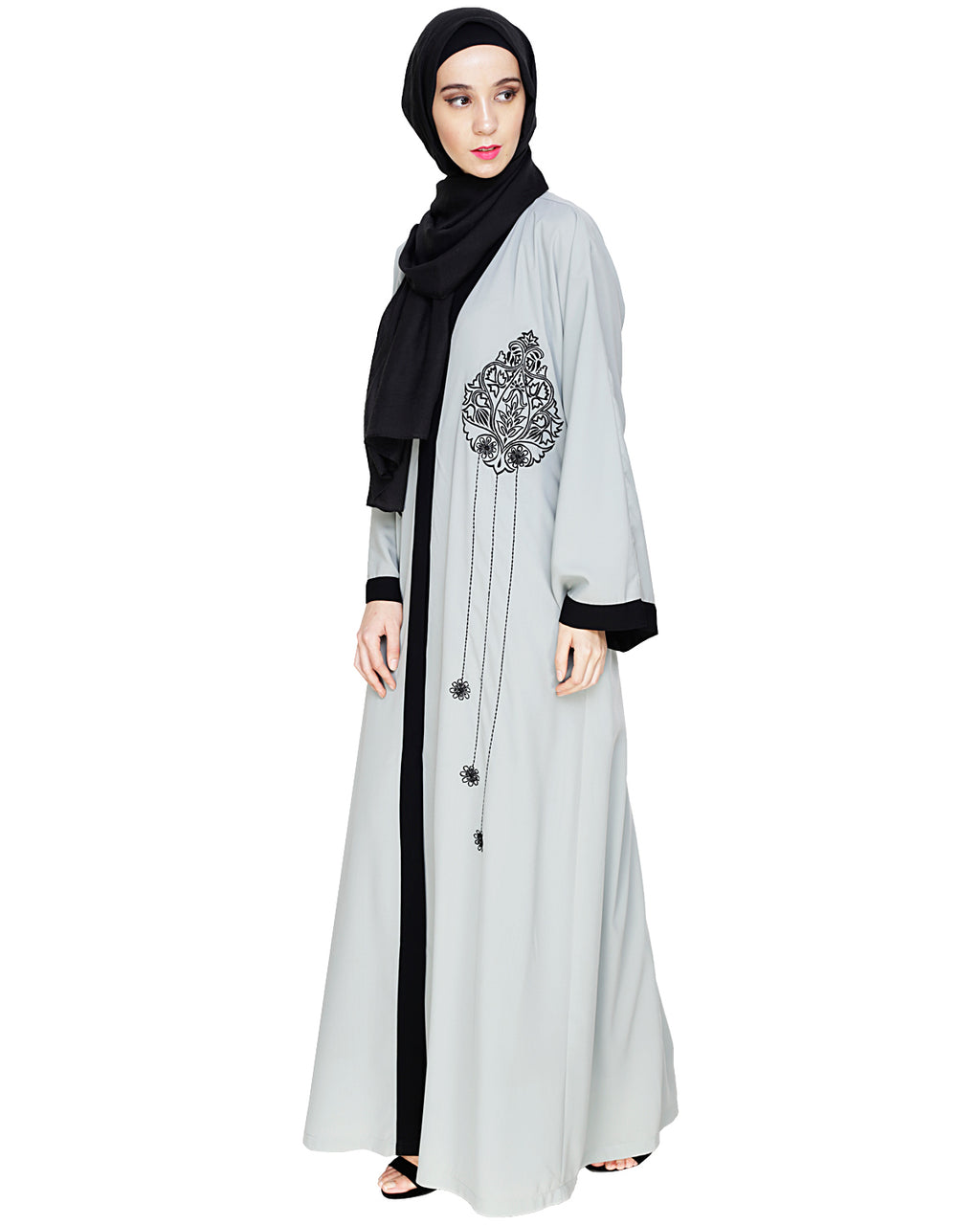 Contrast Embroidered Dubai Style Abaya Sage Green