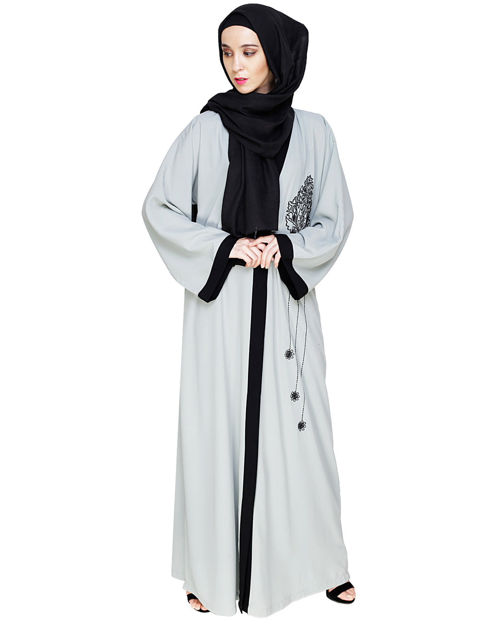 Contrast Embroidered Dubai Style Abaya Sage Green