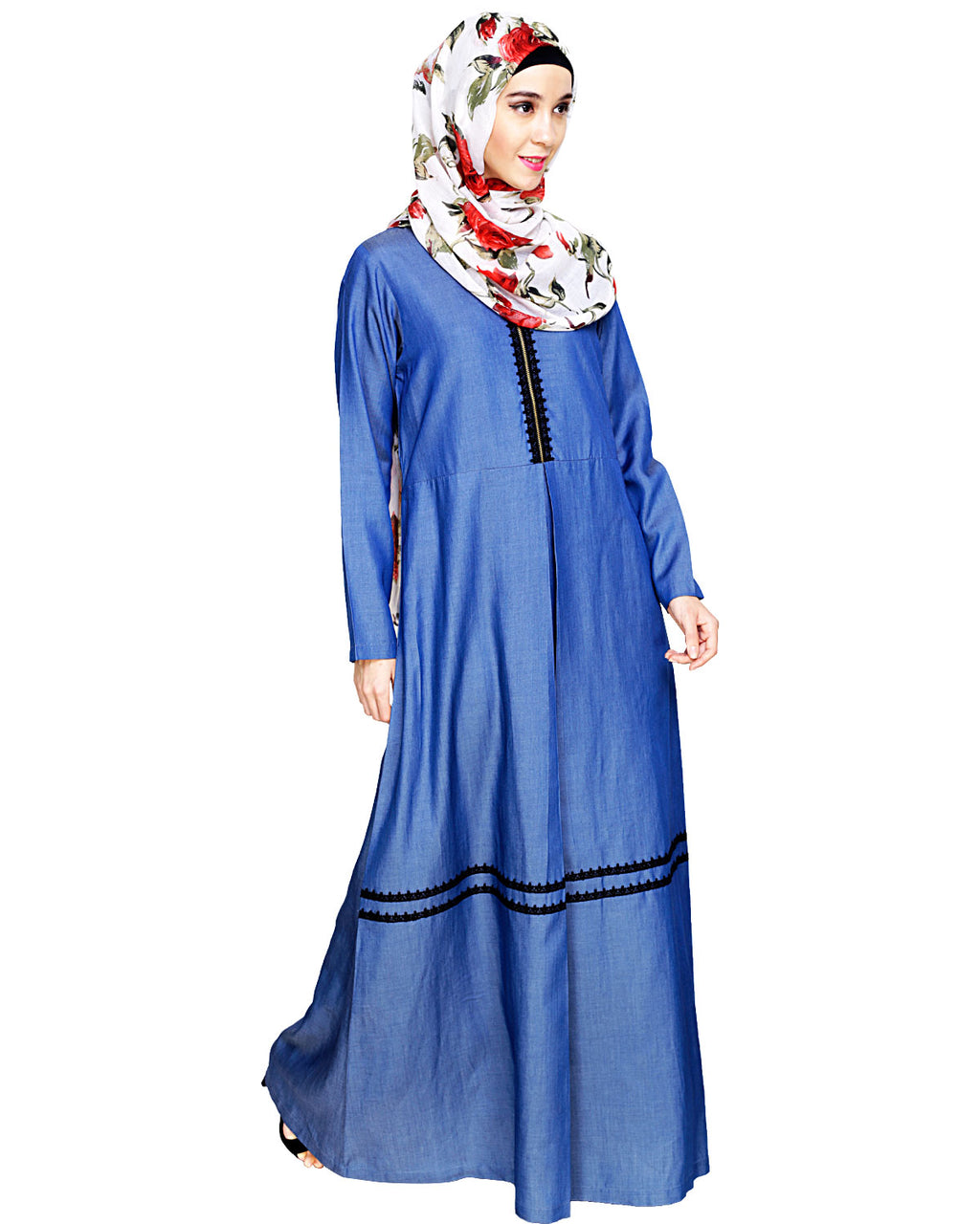 Graceful Lacy Dark Blue Denim Abaya Blue