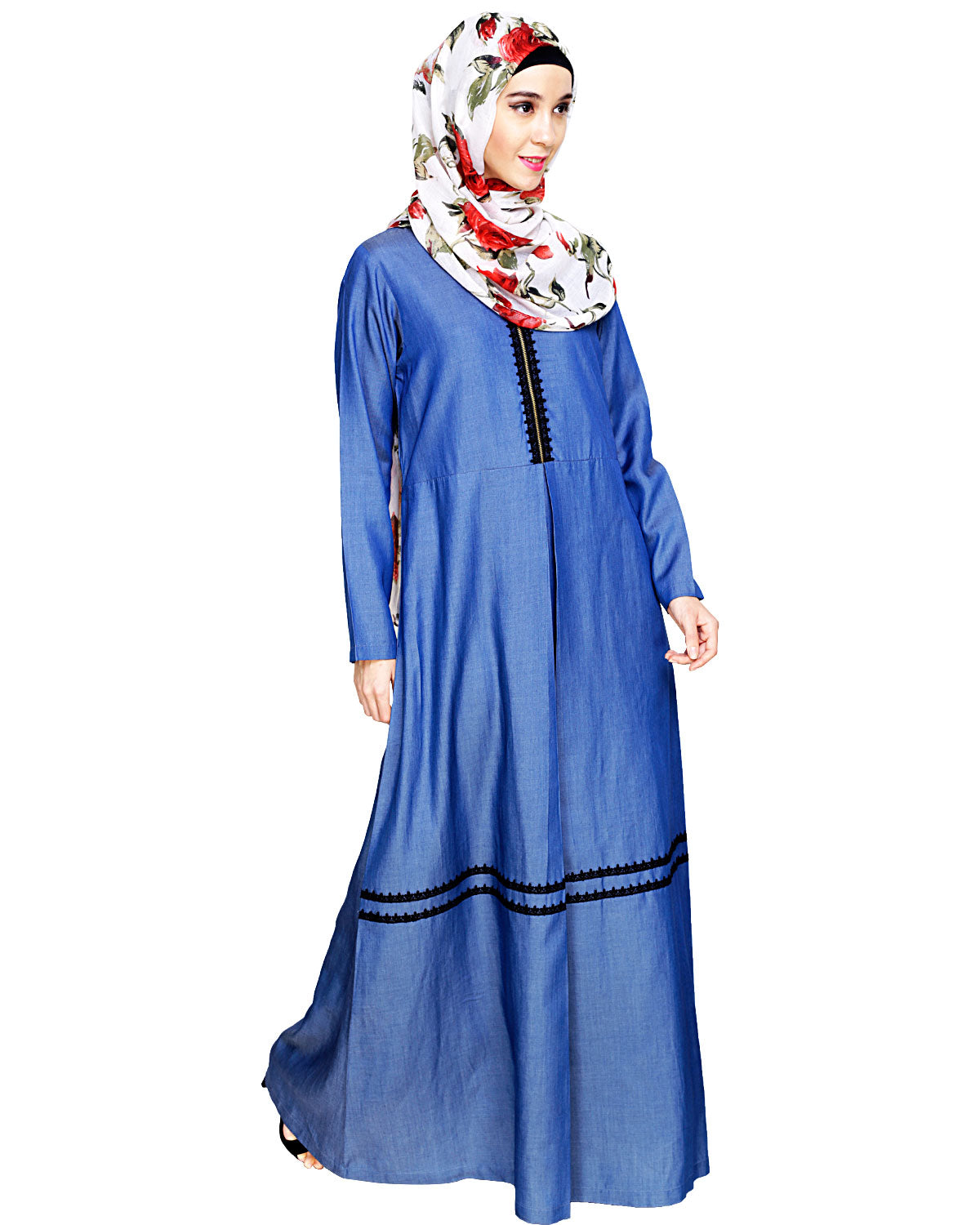 Graceful Lacy Dark Blue Denim Abaya Blue