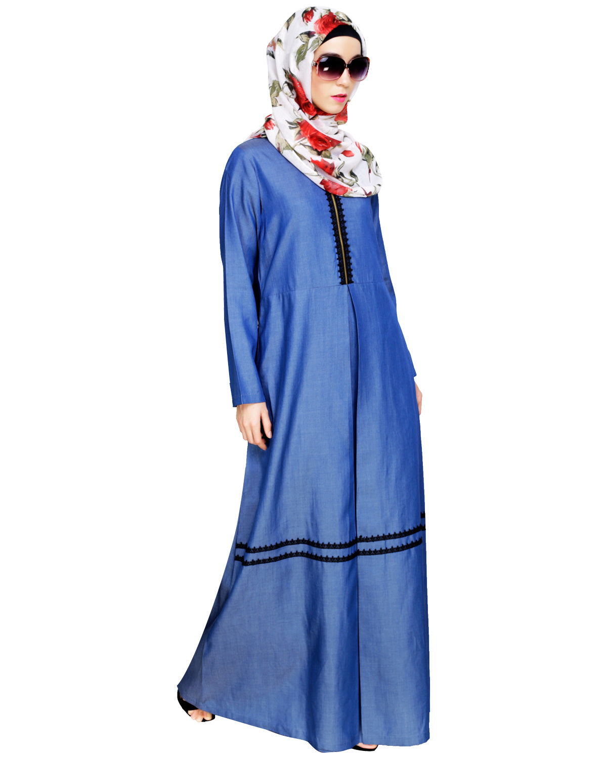 Graceful Lacy Dark Blue Denim Abaya Blue