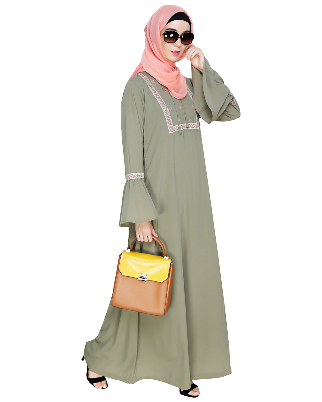 Boho Embroidered Abaya Brown