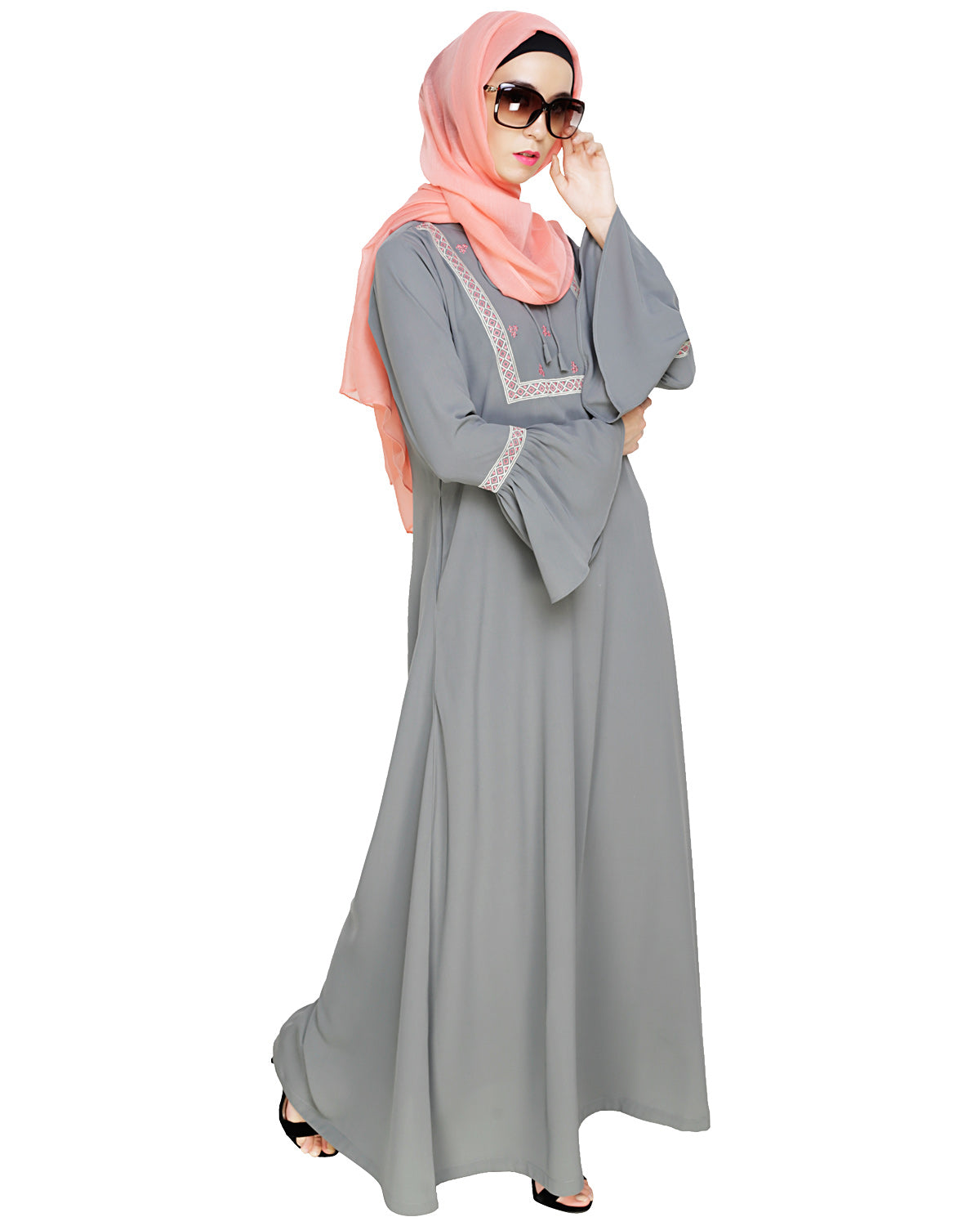 Boho Embroidered Abaya Grey