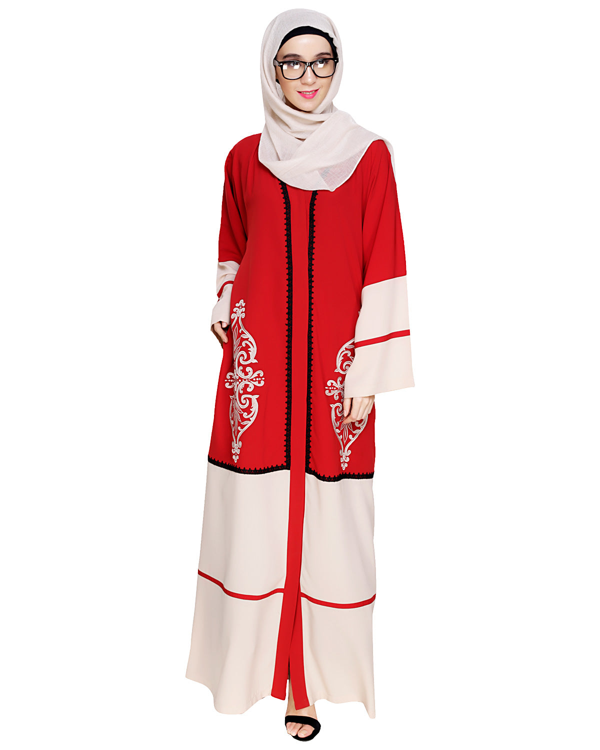 Flamboyant Embroidered Dubai Style Abaya Red