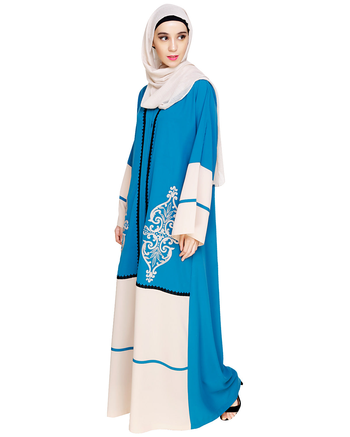 Flamboyant Embroidered Dubai Style Abaya Teal Blue