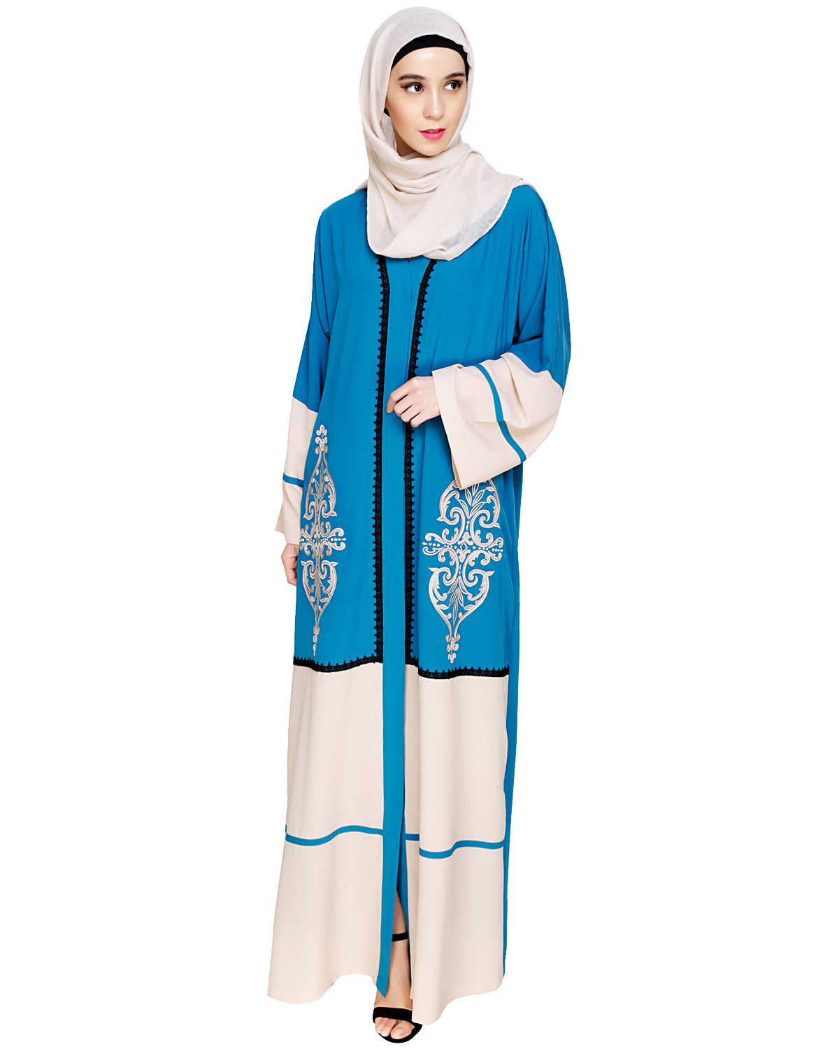 Flamboyant Embroidered Dubai Style Abaya Teal Blue