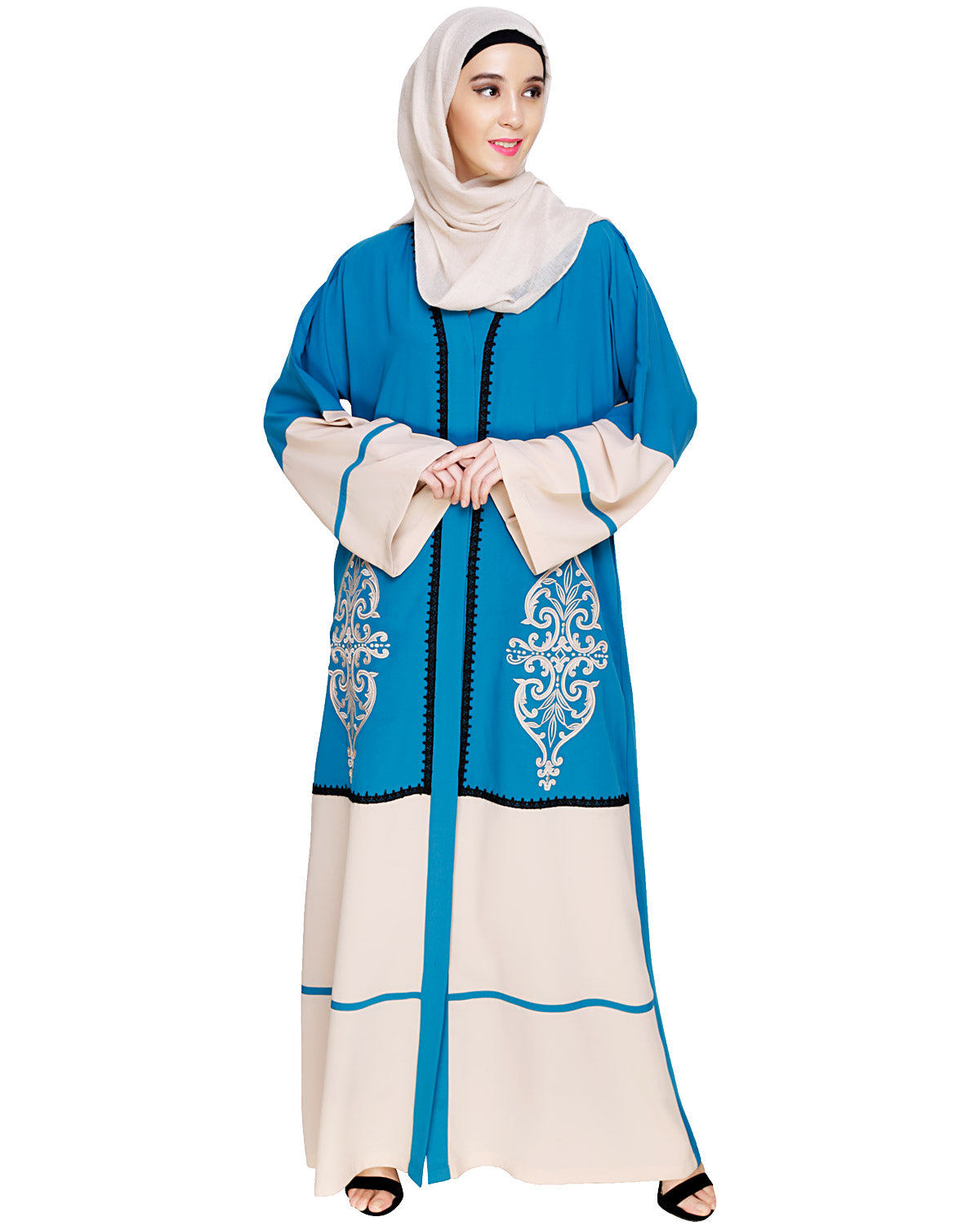 Flamboyant Embroidered Dubai Style Abaya Teal Blue
