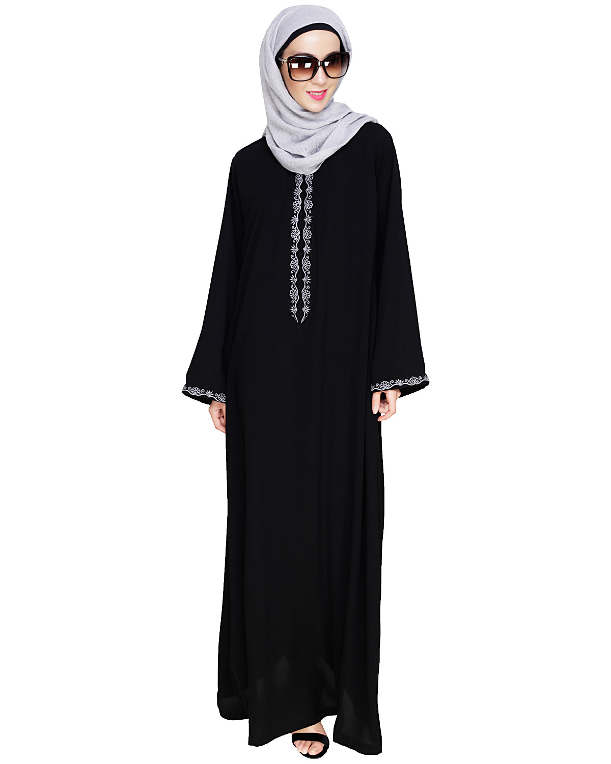 Lotus Embroidered Dubai Style Abaya Black