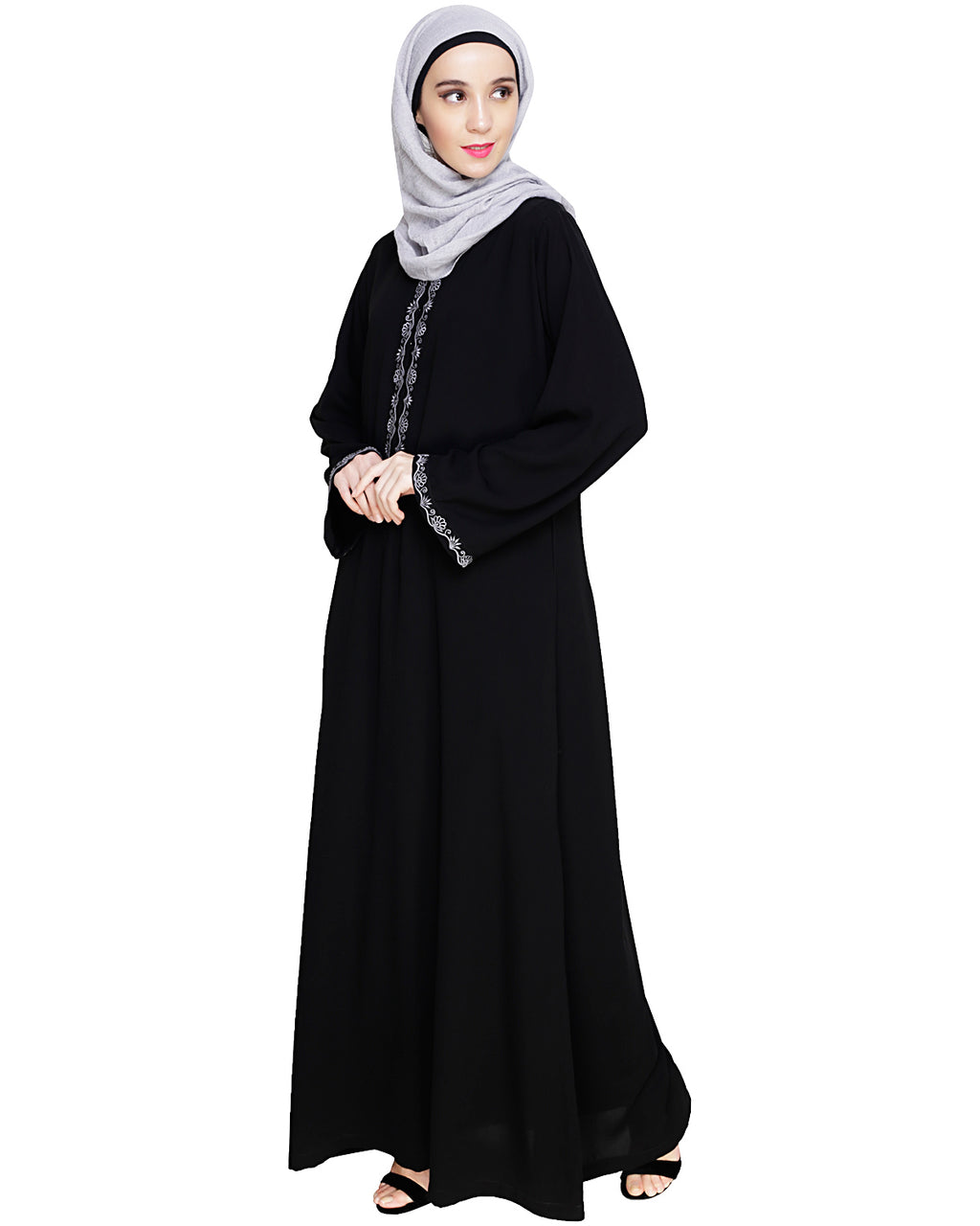 Lotus Embroidered Dubai Style Abaya Black