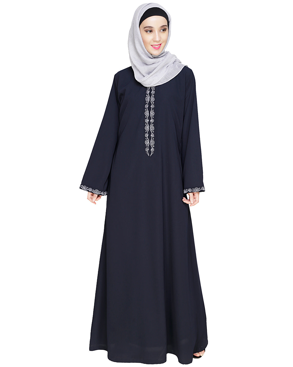 Lotus Embroidered Dubai Style Abaya Blue