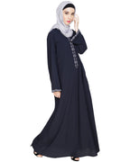 Lotus Embroidered Dubai Style Abaya Blue