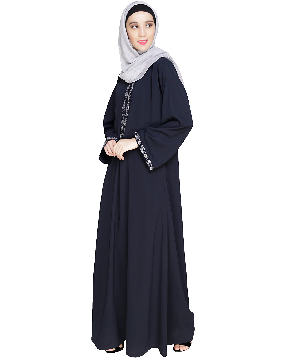 Lotus Embroidered Dubai Style Abaya Blue