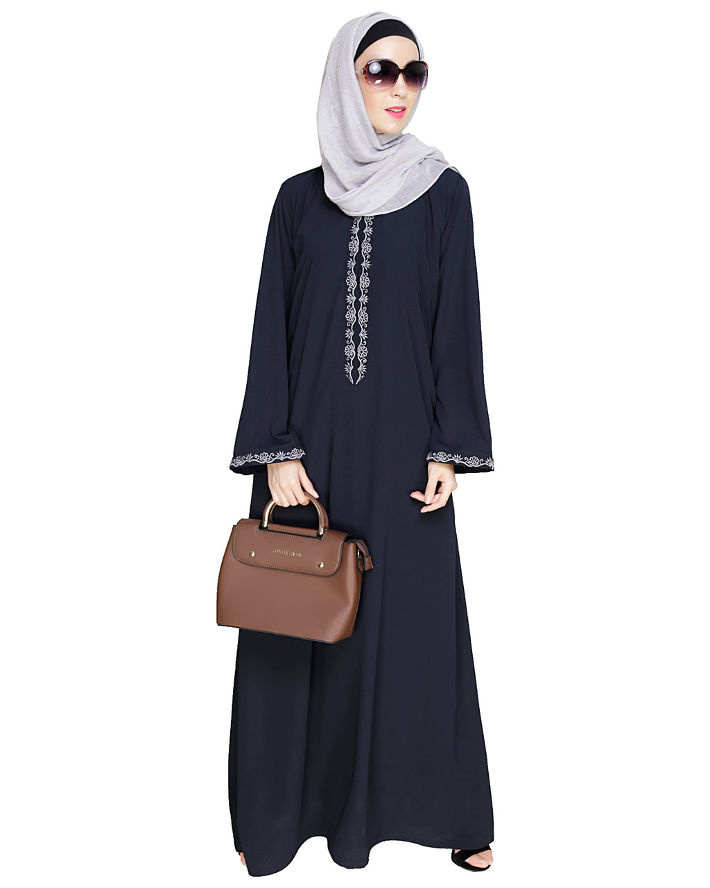 Lotus Embroidered Dubai Style Abaya Blue