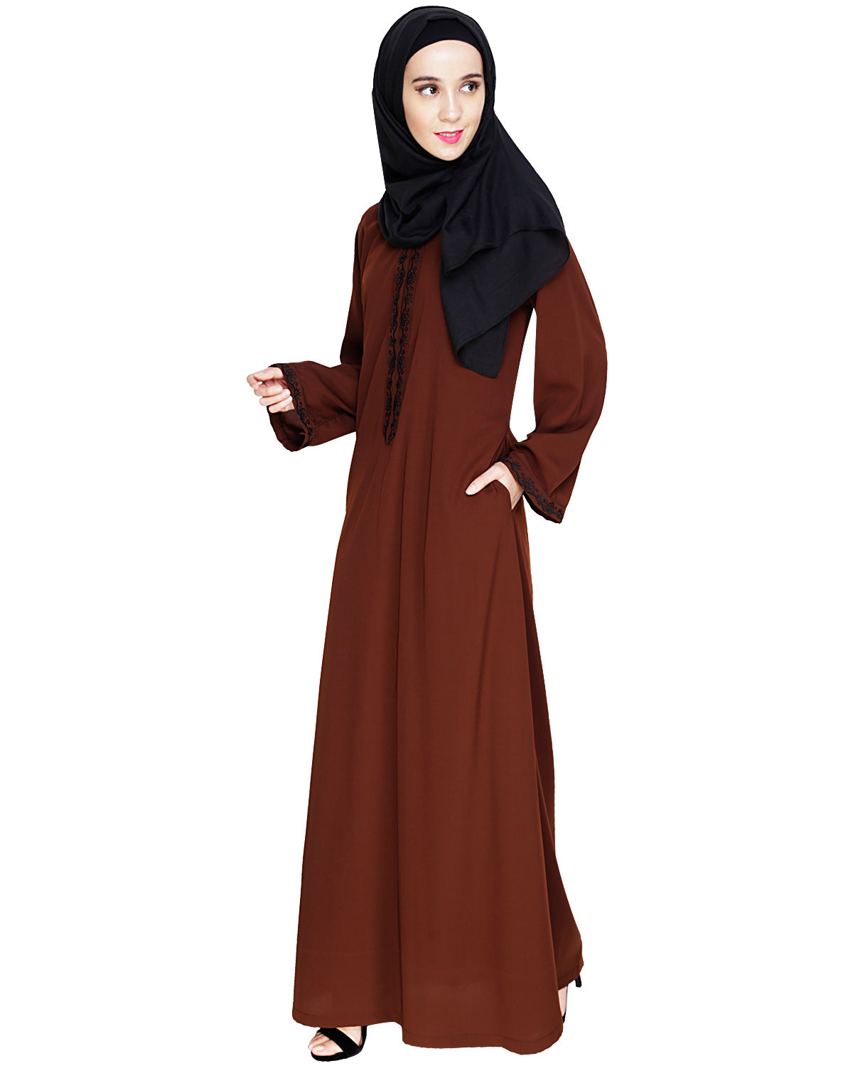Lotus Embroidered Dubai Style Abaya Brown