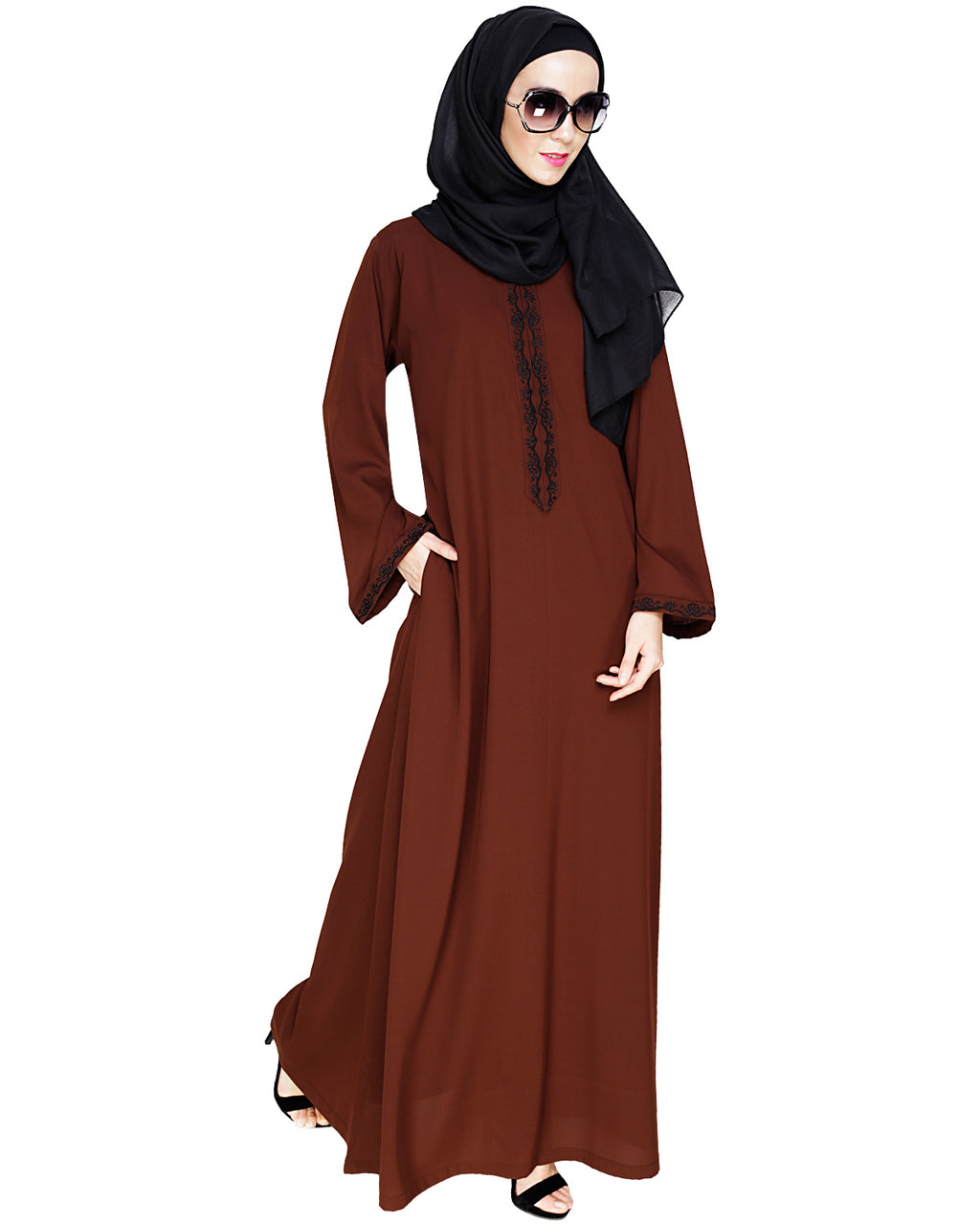 Lotus Embroidered Dubai Style Abaya Brown