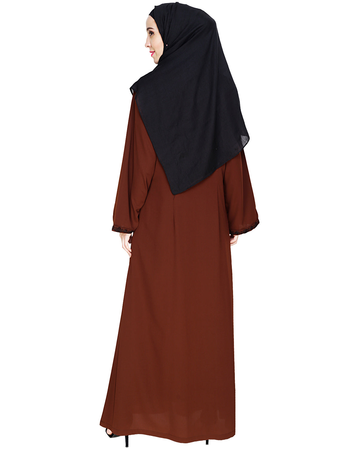 Lotus Embroidered Dubai Style Abaya Brown