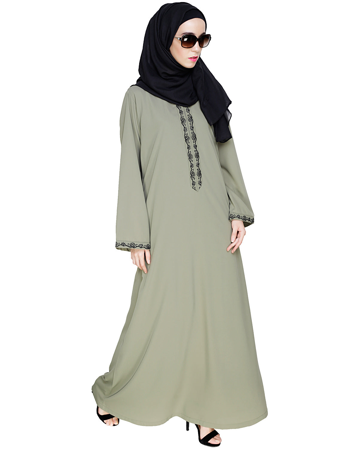 Lotus Embroidered Dubai Style Abaya Dead Mint