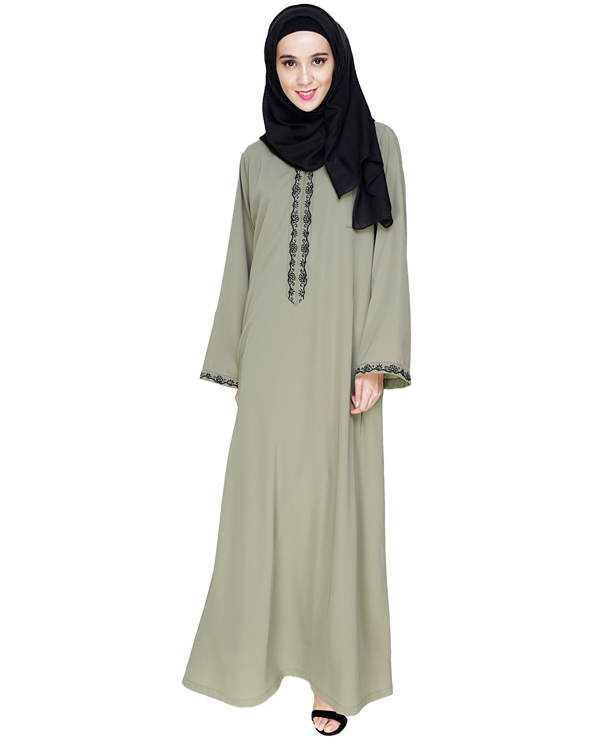 Lotus Embroidered Dubai Style Abaya Dead Mint