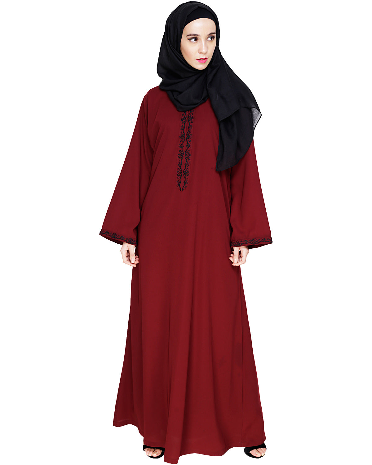 Lotus Embroidered Dubai Style Abaya Wine
